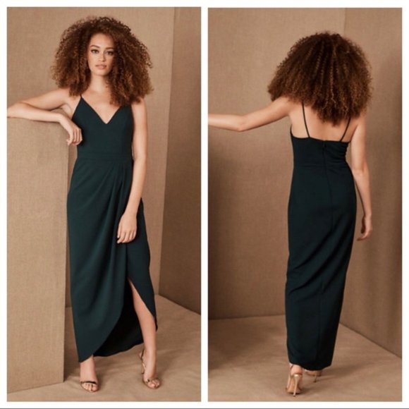 BHLDN Caron V-Neck Crepe Dress Emerald Green - Picture 1 of 15